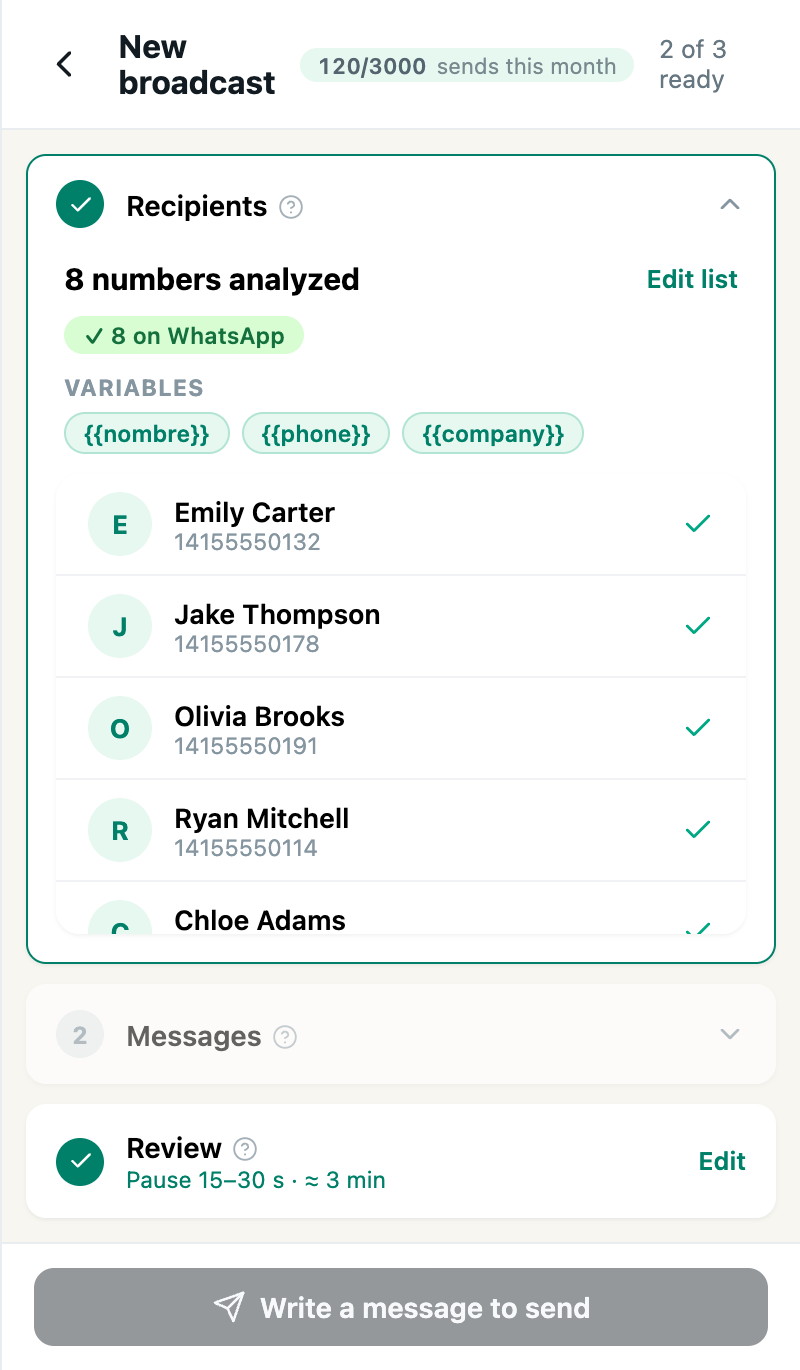 Recipients step of Wapes Bulk send, with 8 contacts loaded from a file