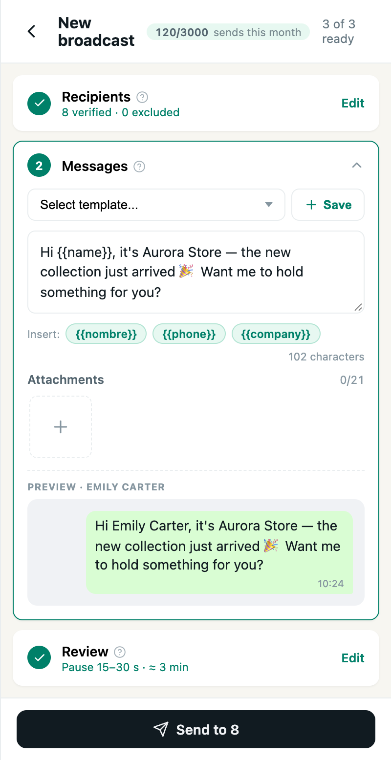 Messages step: the text with a variable and the preview for a real contact