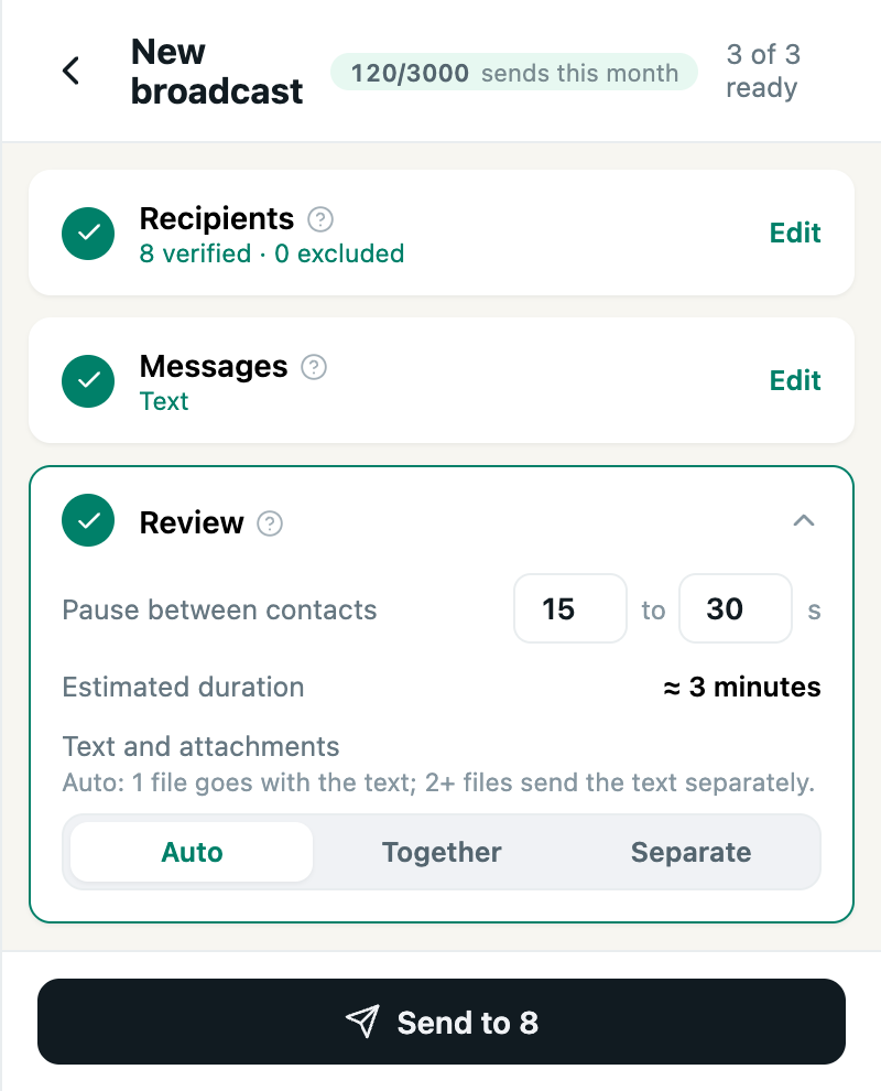 Review step: pause between contacts, estimated duration and send mode