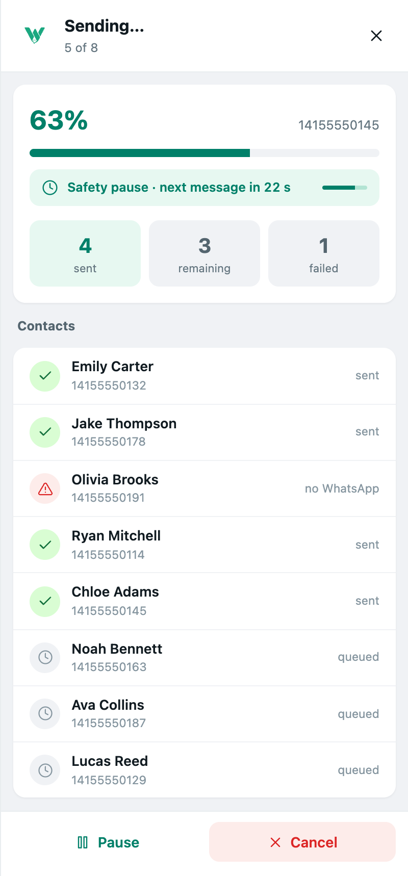 Live send progress: sent, remaining, failed and each contact's status