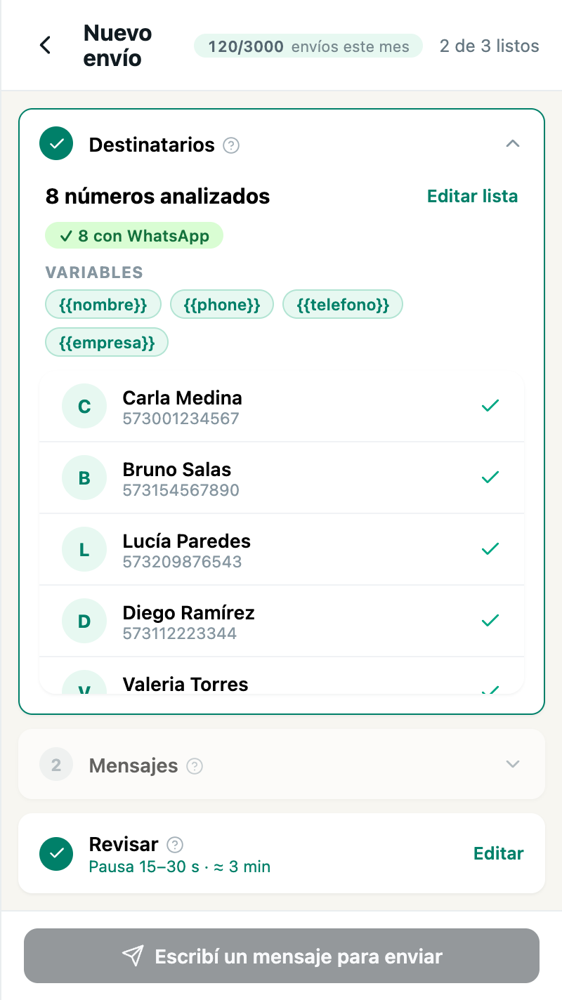 Paso Destinatarios del Envío masivo de Wapes, con 8 contactos cargados desde un archivo