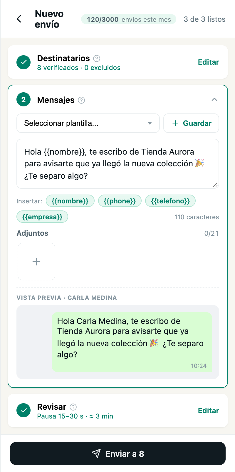 Paso Mensajes: el texto con la variable {{nombre}} y la vista previa para un contacto real