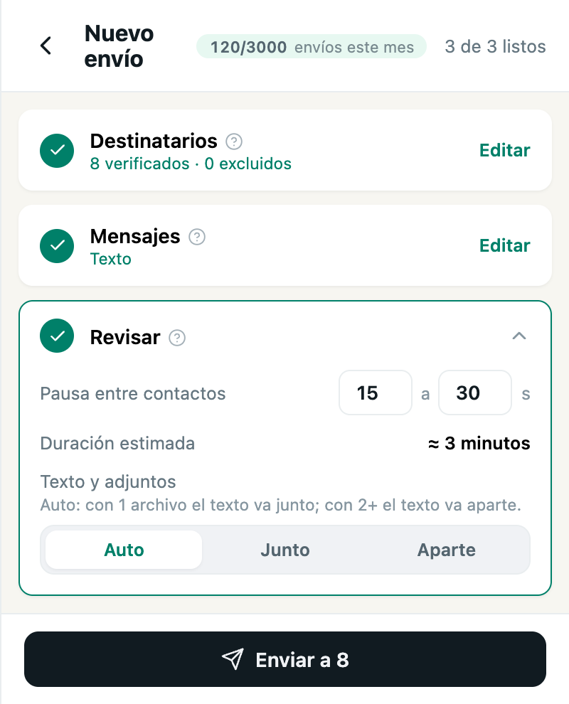 Paso Revisar: pausa entre contactos, duración estimada y modo de envío